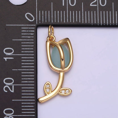 16K Gold Filled Flower Tulip Rose White, Blue, Pink Cat Eye Cabochon Charm in Gold &amp; Silver | AC1073 - AC1078