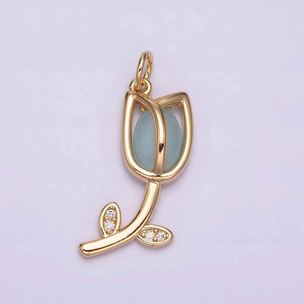 16K Gold Filled Flower Tulip Rose White, Blue, Pink Cat Eye Cabochon Charm in Gold &amp; Silver | AC1073 - AC1078