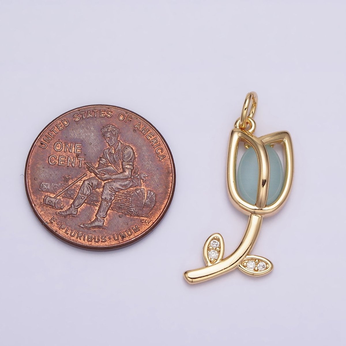 16K Gold Filled Flower Tulip Rose White, Blue, Pink Cat Eye Cabochon Charm in Gold &amp; Silver | AC1073 - AC1078