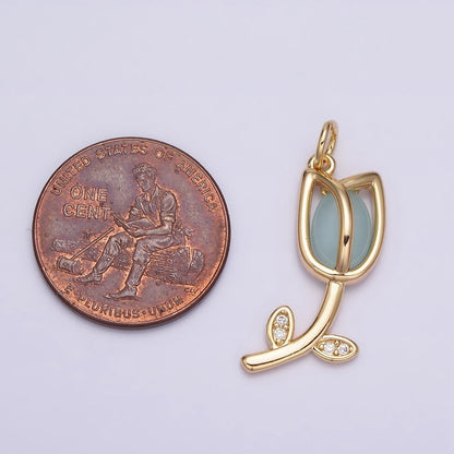 16K Gold Filled Flower Tulip Rose White, Blue, Pink Cat Eye Cabochon Charm in Gold &amp; Silver | AC1073 - AC1078