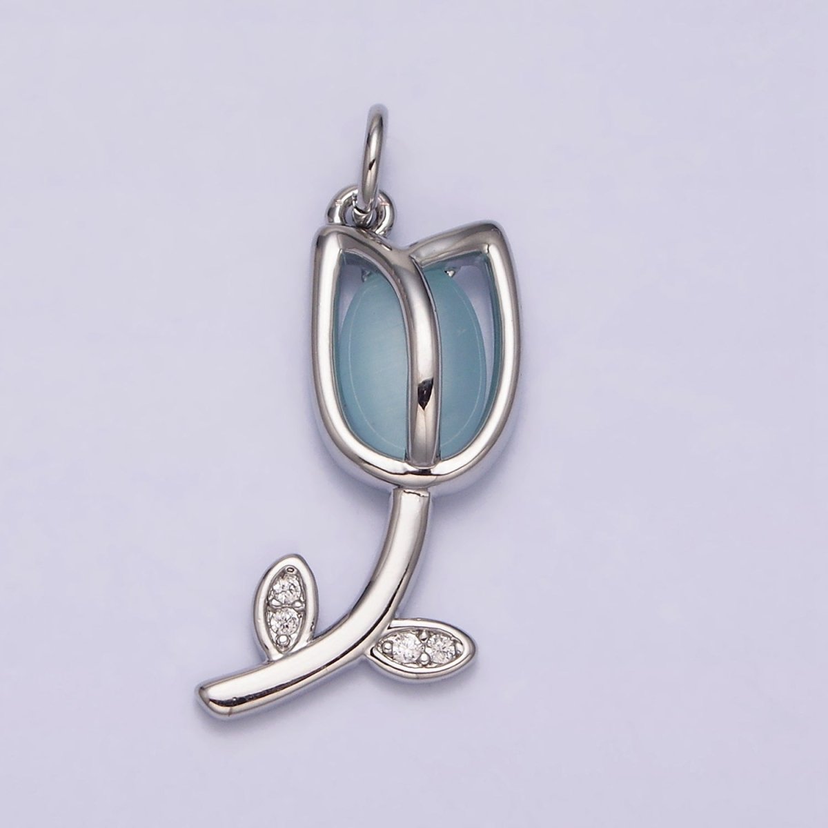 16K Gold Filled Flower Tulip Rose White, Blue, Pink Cat Eye Cabochon Charm in Gold &amp; Silver | AC1073 - AC1078