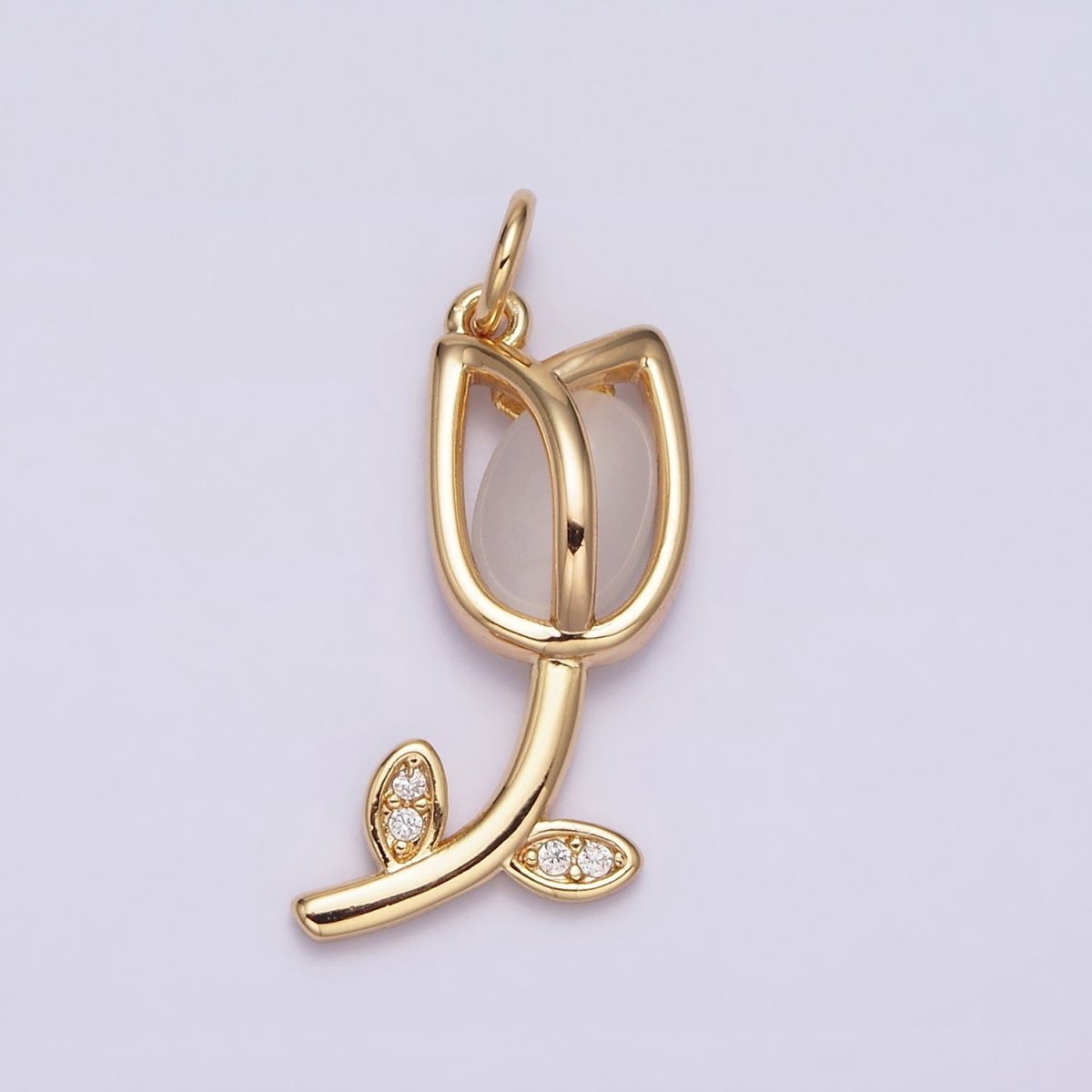 16K Gold Filled Flower Tulip Rose White, Blue, Pink Cat Eye Cabochon Charm in Gold &amp; Silver | AC1073 - AC1078