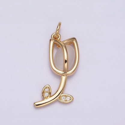 16K Gold Filled Flower Tulip Rose White, Blue, Pink Cat Eye Cabochon Charm in Gold &amp; Silver | AC1073 - AC1078