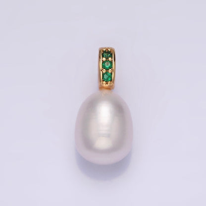 16K Gold Filled Freshwater Oval Pearl Triple Clear, Green CZ Micro Paved Bail Pendant | P1611 P1612