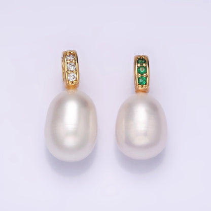 16K Gold Filled Freshwater Oval Pearl Triple Clear, Green CZ Micro Paved Bail Pendant | P1611 P1612