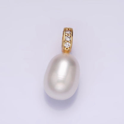 16K Gold Filled Freshwater Oval Pearl Triple Clear, Green CZ Micro Paved Bail Pendant | P1611 P1612