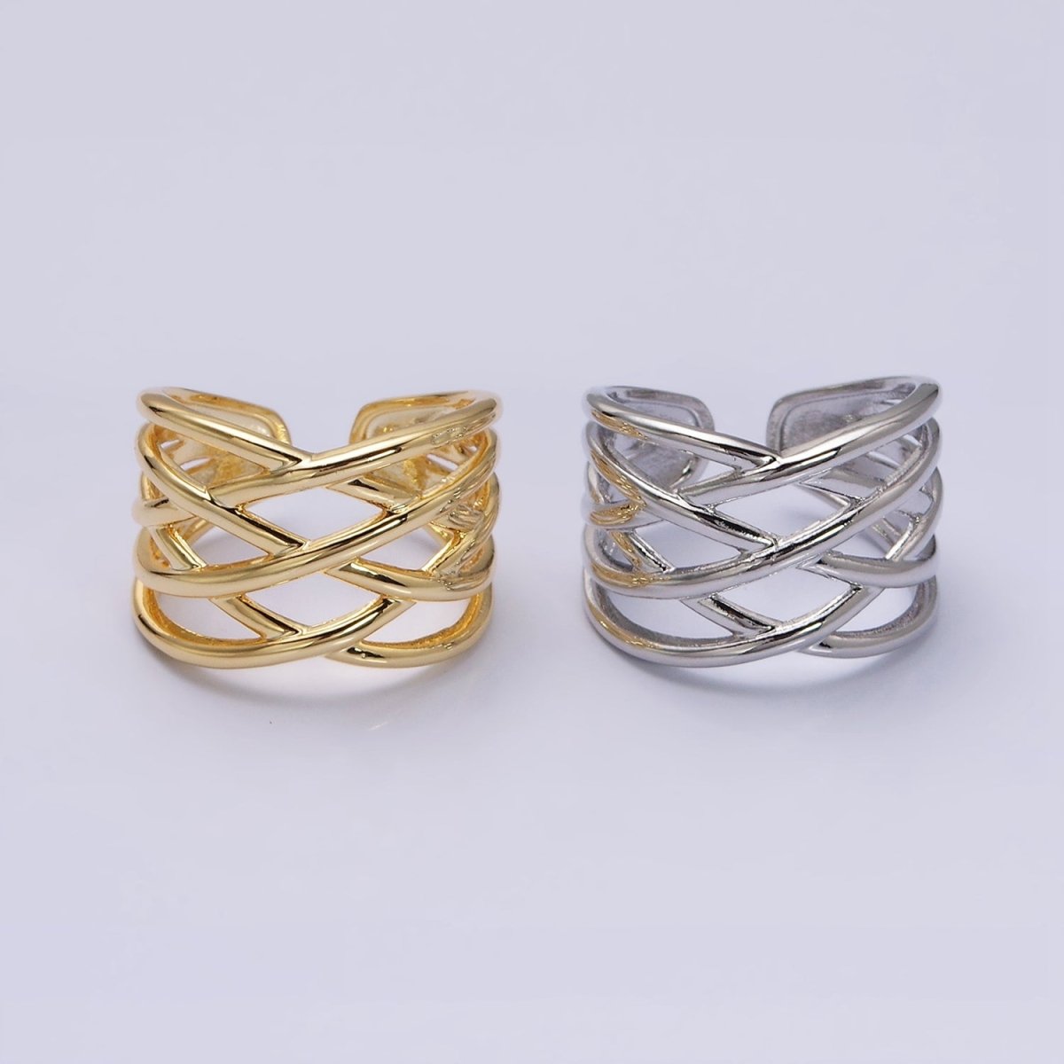 16K Gold Filled Geometric Multiple Band Statement Ring in Gold &amp; Silver | O-1980 O-1981