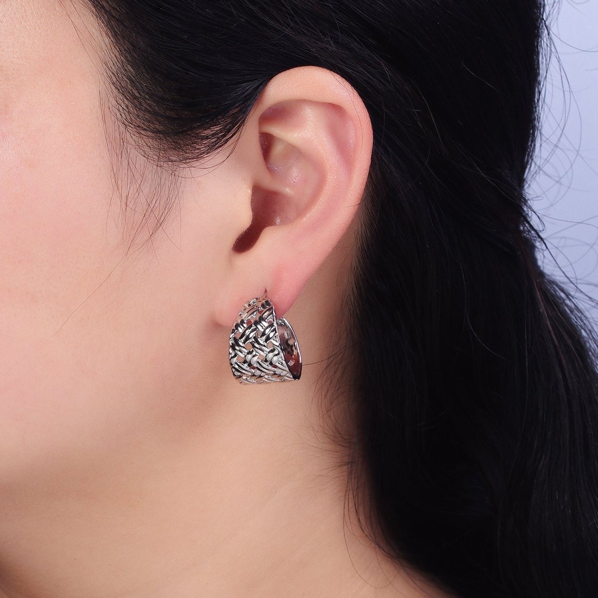 16K Gold Filled Geometric Rattan Textured C-Shaped 20mm Hoop Earrings in Gold &amp; Silver | AB456 AD897