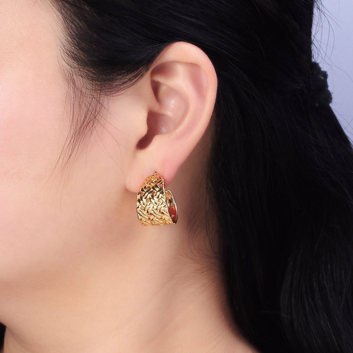 16K Gold Filled Geometric Rattan Textured C-Shaped 20mm Hoop Earrings in Gold &amp; Silver | AB456 AD897