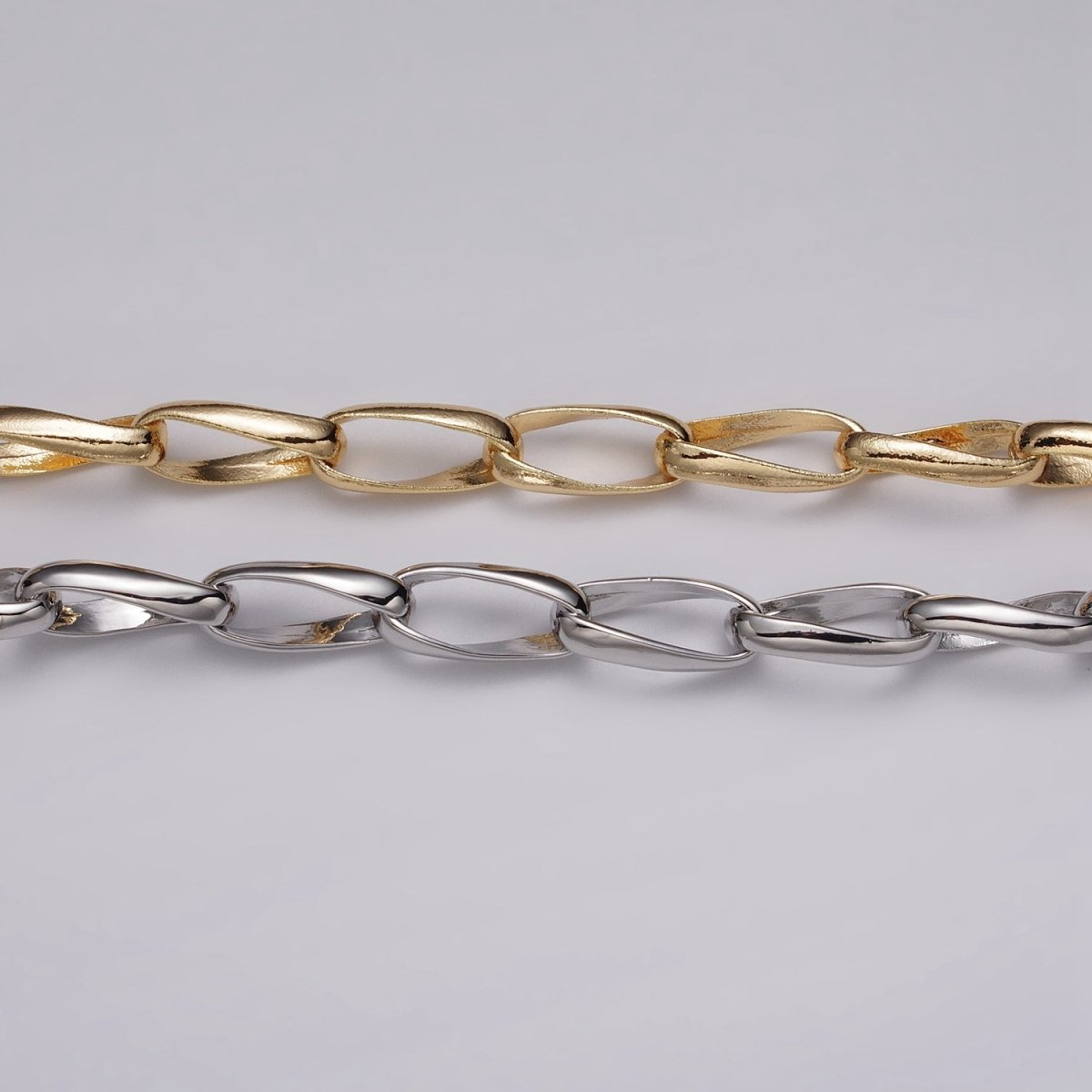 16k Gold Filled Geometric Twist Curved PaperClip Unfinished Chain by Yard in Gold &amp; Silver | ROLL-1169 ROLL-1170 Clearance Pricing