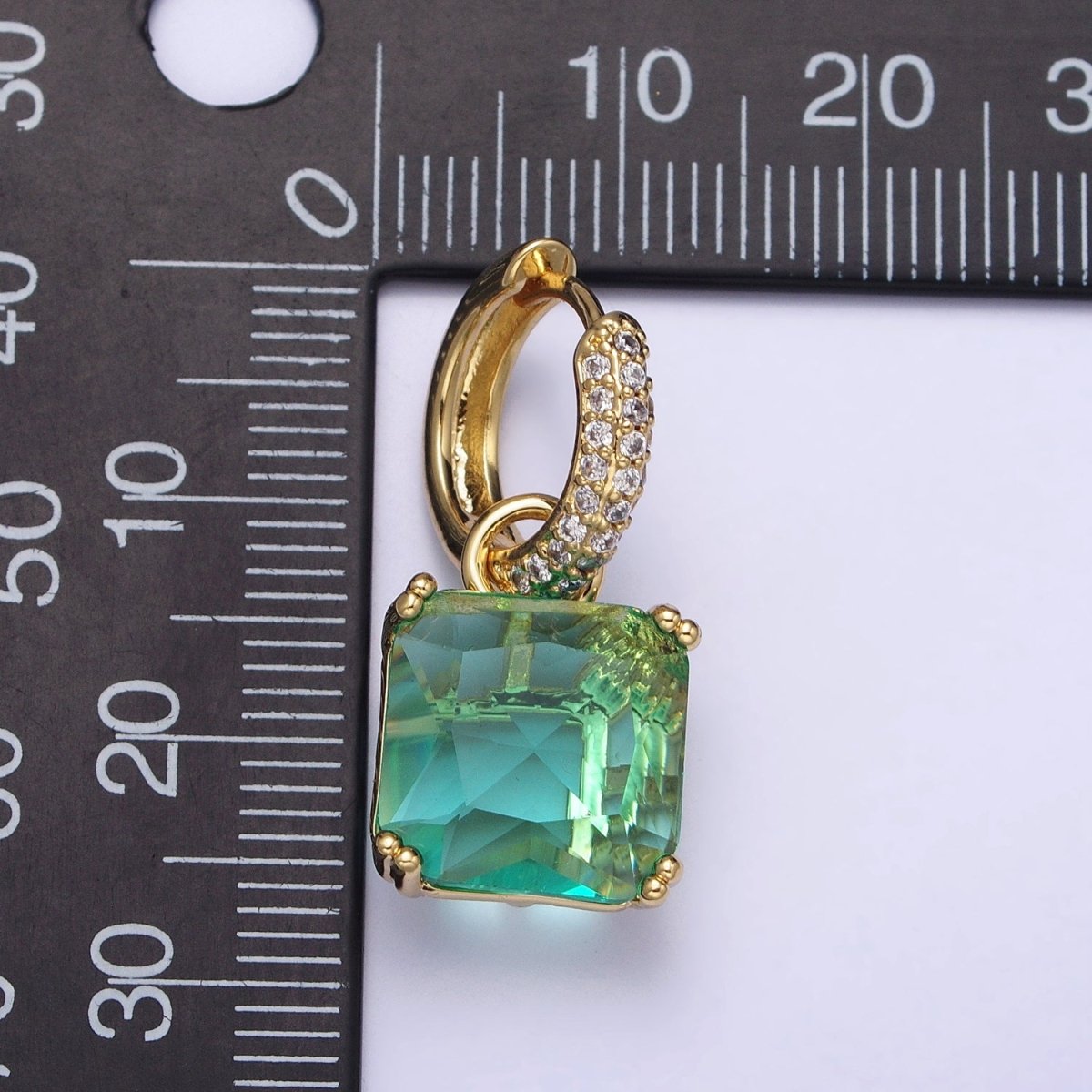 16K Gold Filled Green Aqua Square CZ Drop Micro Paved Huggie Earrings | AD1357  AD1358