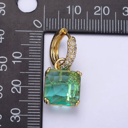 16K Gold Filled Green Aqua Square CZ Drop Micro Paved Huggie Earrings | AD1357  AD1358