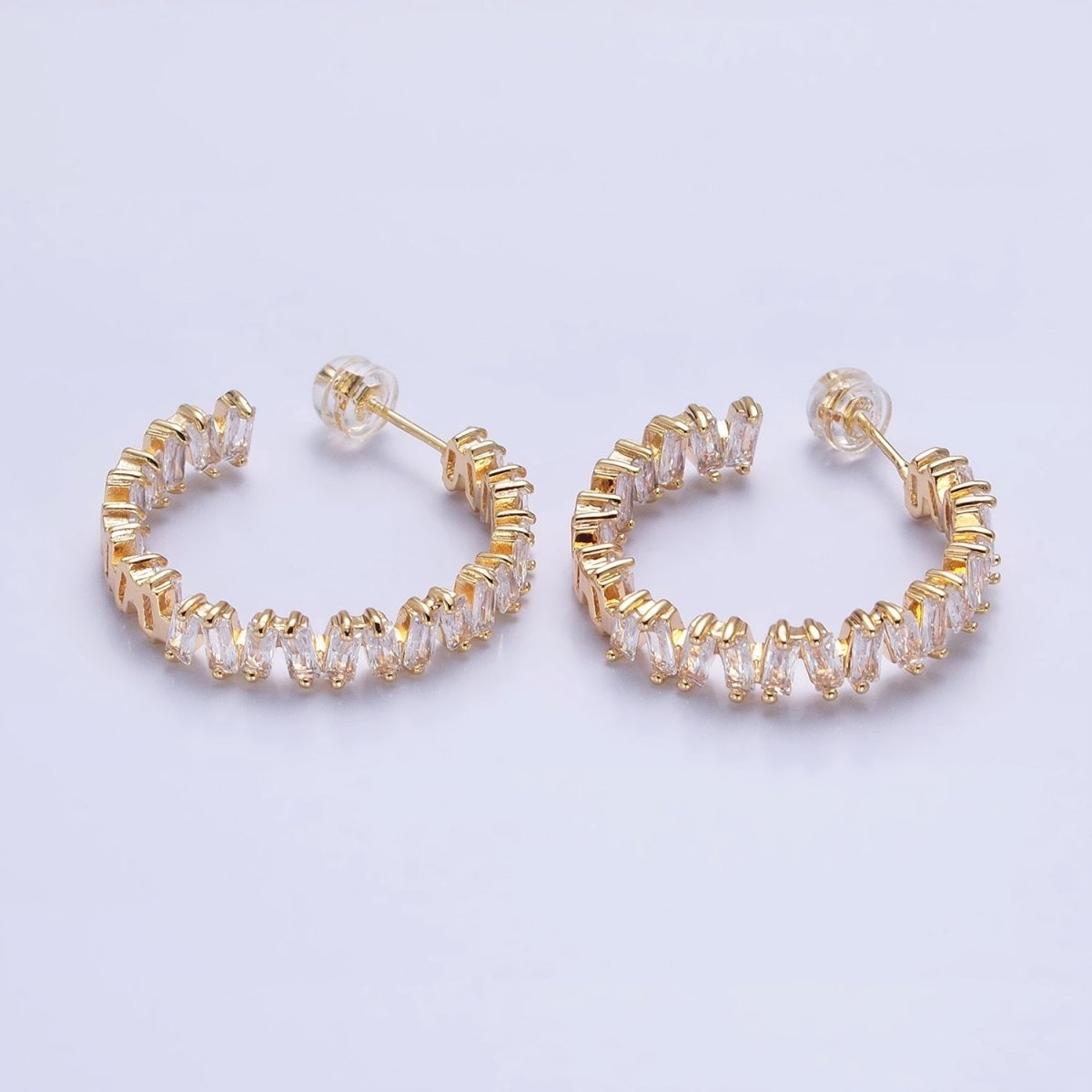 16K Gold Filled Green, Clear, Pink Baguette Zig-Zag Front Sided 30mm Circular Hoop Earrings  in Silver &amp; Gold | AB855 - AB859