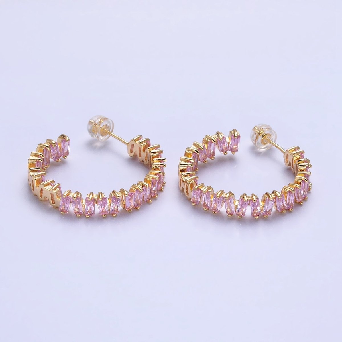 16K Gold Filled Green, Clear, Pink Baguette Zig-Zag Front Sided 30mm Circular Hoop Earrings  in Silver &amp; Gold | AB855 - AB859