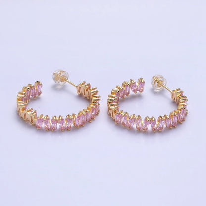 16K Gold Filled Green, Clear, Pink Baguette Zig-Zag Front Sided 30mm Circular Hoop Earrings  in Silver &amp; Gold | AB855 - AB859