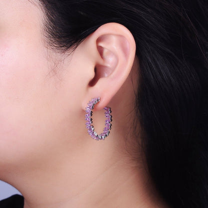 16K Gold Filled Green, Clear, Pink Baguette Zig-Zag Front Sided 30mm Circular Hoop Earrings  in Silver &amp; Gold | AB855 - AB859