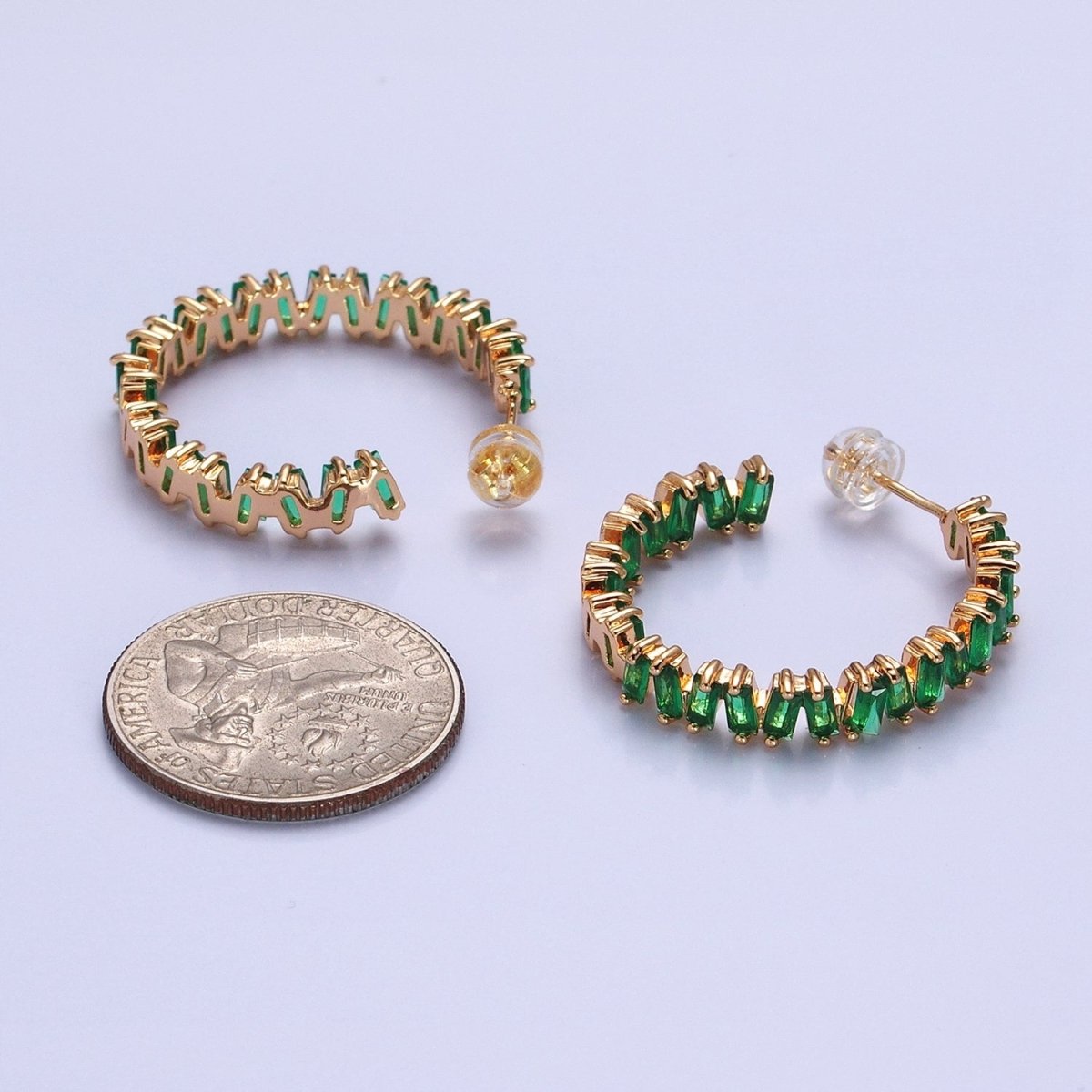 16K Gold Filled Green, Clear, Pink Baguette Zig-Zag Front Sided 30mm Circular Hoop Earrings  in Silver &amp; Gold | AB855 - AB859