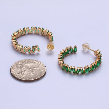 16K Gold Filled Green, Clear, Pink Baguette Zig-Zag Front Sided 30mm Circular Hoop Earrings  in Silver &amp; Gold | AB855 - AB859