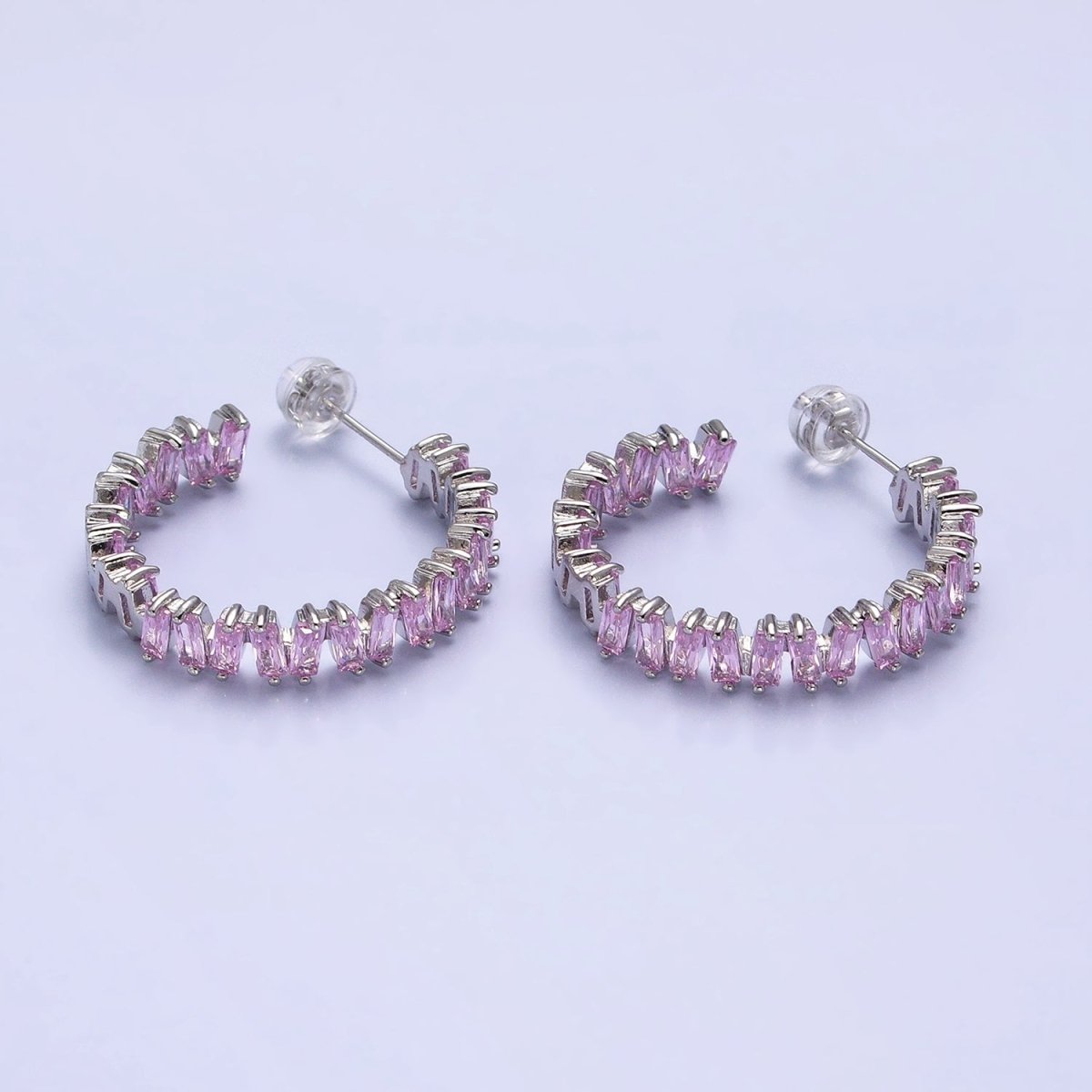 16K Gold Filled Green, Clear, Pink Baguette Zig-Zag Front Sided 30mm Circular Hoop Earrings  in Silver &amp; Gold | AB855 - AB859