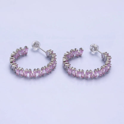 16K Gold Filled Green, Clear, Pink Baguette Zig-Zag Front Sided 30mm Circular Hoop Earrings  in Silver &amp; Gold | AB855 - AB859