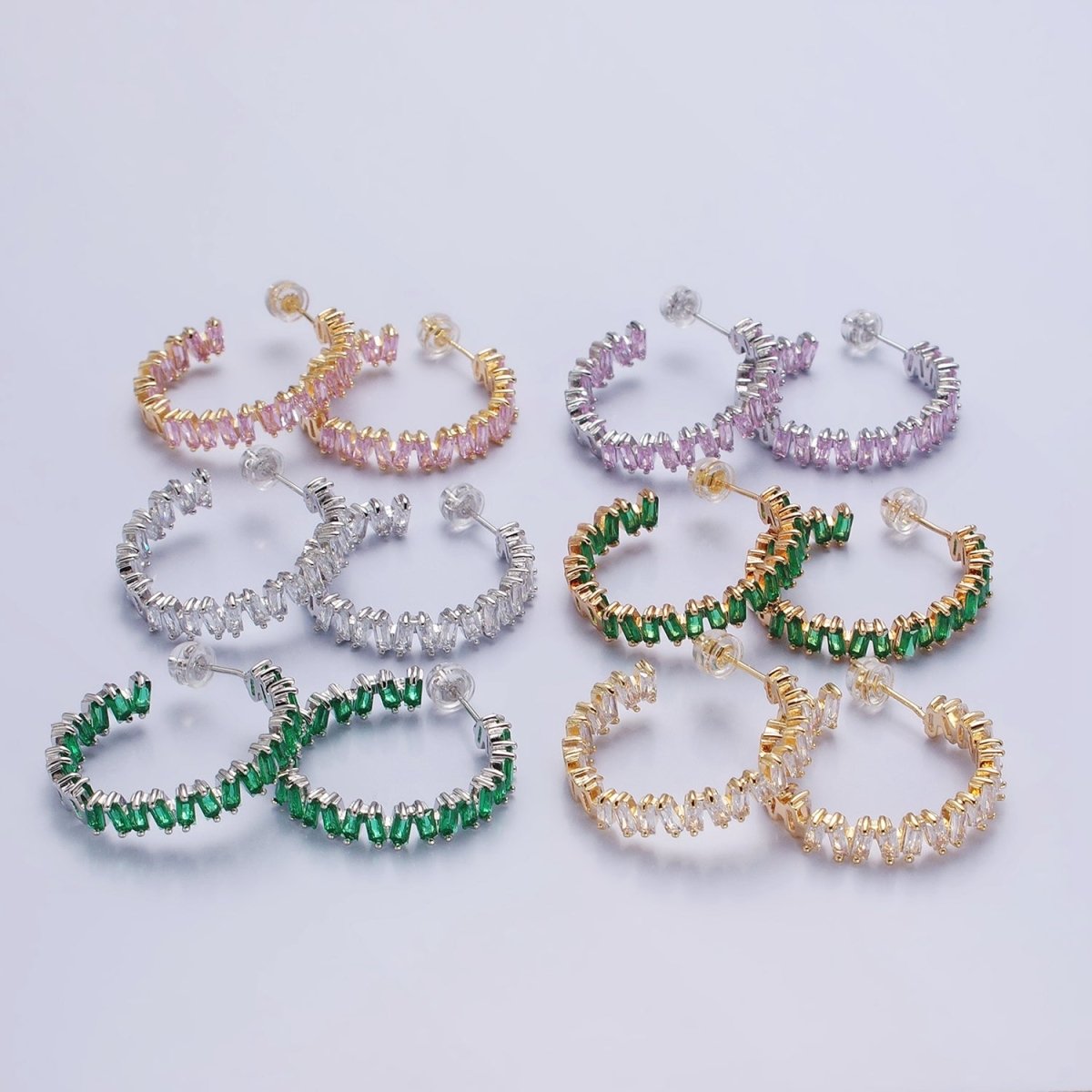 16K Gold Filled Green, Clear, Pink Baguette Zig-Zag Front Sided 30mm Circular Hoop Earrings  in Silver &amp; Gold | AB855 - AB859