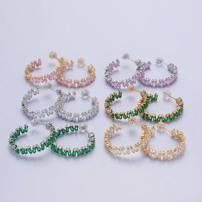 16K Gold Filled Green, Clear, Pink Baguette Zig-Zag Front Sided 30mm Circular Hoop Earrings  in Silver &amp; Gold | AB855 - AB859