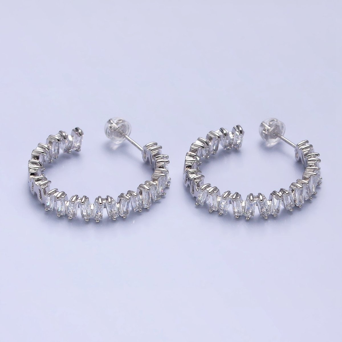 16K Gold Filled Green, Clear, Pink Baguette Zig-Zag Front Sided 30mm Circular Hoop Earrings  in Silver &amp; Gold | AB855 - AB859