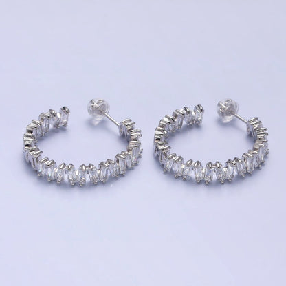 16K Gold Filled Green, Clear, Pink Baguette Zig-Zag Front Sided 30mm Circular Hoop Earrings  in Silver &amp; Gold | AB855 - AB859