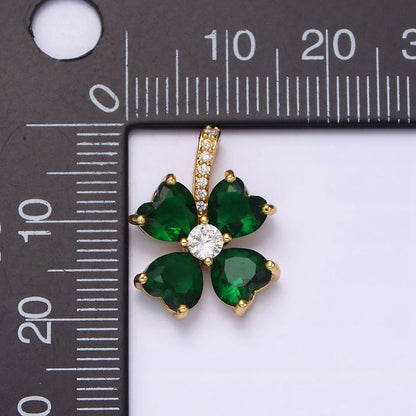 16K Gold Filled Green Flower CZ Heart Petal Micro Paved Bail Pendant | AA547