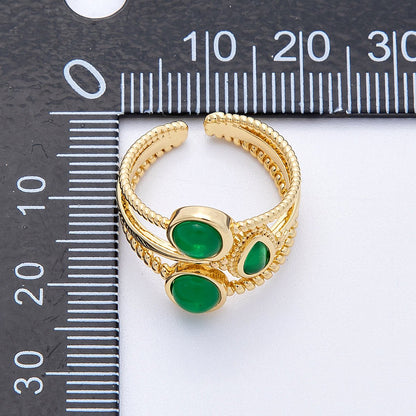16K Gold Filled Green Gemstone Geometric Croissant Twist Triple Band Ring | Rings-00031