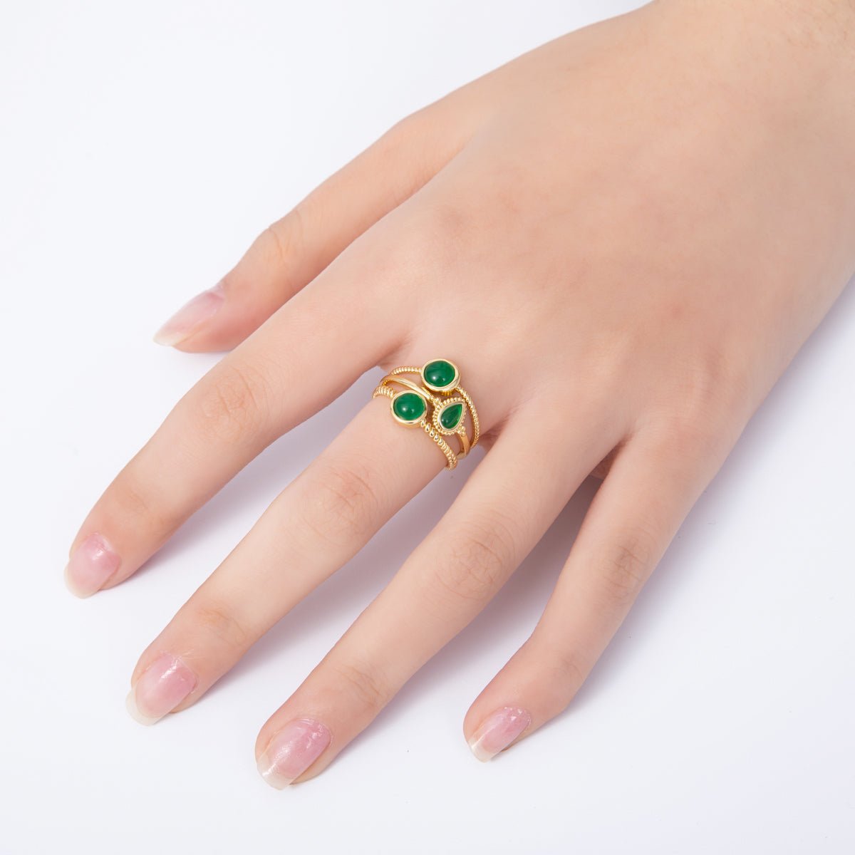 16K Gold Filled Green Gemstone Geometric Croissant Twist Triple Band Ring | Rings-00031