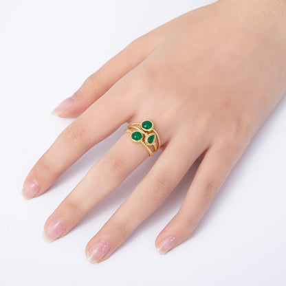 16K Gold Filled Green Gemstone Geometric Croissant Twist Triple Band Ring | Rings-00031