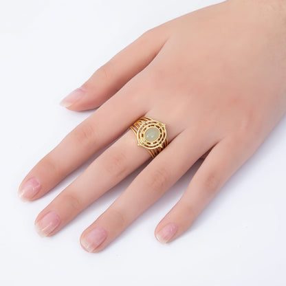 16K Gold Filled Green Prehnite Gemstone Round Lined Wide Statement Ring | Rings-00050