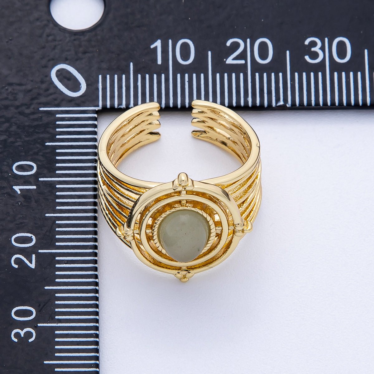 16K Gold Filled Green Prehnite Gemstone Round Lined Wide Statement Ring | Rings-00050