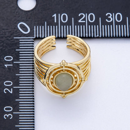 16K Gold Filled Green Prehnite Gemstone Round Lined Wide Statement Ring | Rings-00050
