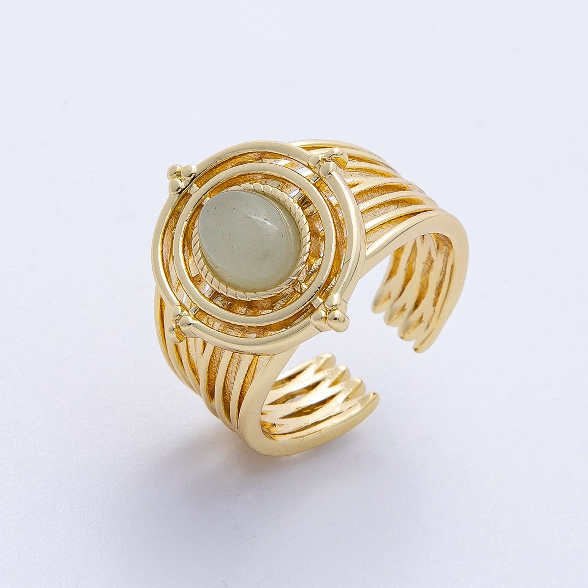 16K Gold Filled Green Prehnite Gemstone Round Lined Wide Statement Ring | Rings-00050