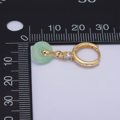 16K Gold Filled Green, White Jade Donut Round Drop Clear CZ Huggie Earrings | AE633 AE652