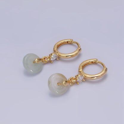 16K Gold Filled Green, White Jade Donut Round Drop Clear CZ Huggie Earrings | AE633 AE652