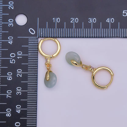 16K Gold Filled Green, White Jade Donut Round Drop Clear CZ Huggie Earrings | AE633 AE652