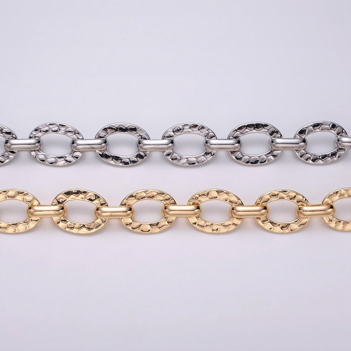 16K Gold Filled Hammered Oval Cable Chain Chain, Silver Unique Chain by Yard for Jewelry Making Supply | ROLL-1257 1258 Clearance Pricing