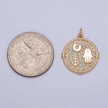 16K Gold Filled Hamsa Hand Horseshoe Anchor Micro Paved CZ Medallion Charm For Jewelry Making | X-260