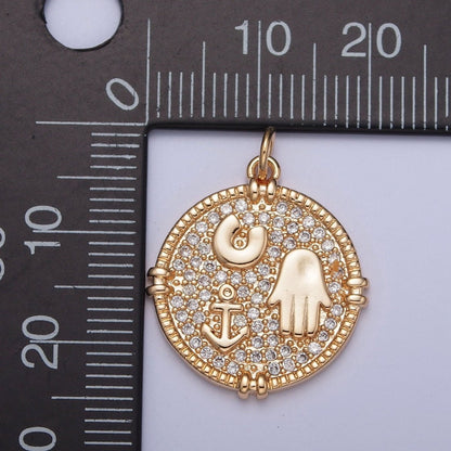 16K Gold Filled Hamsa Hand Horseshoe Anchor Micro Paved CZ Medallion Charm For Jewelry Making | X-260