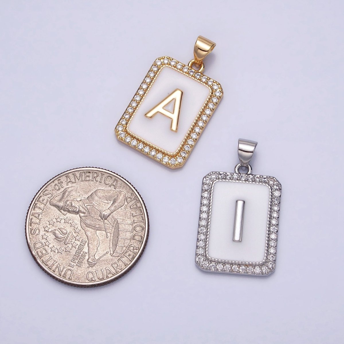 16K Gold Filled Initial Letter A-Z White Enamel Micro Paved CZ Personalized Tag Pendant | A-482-A-494