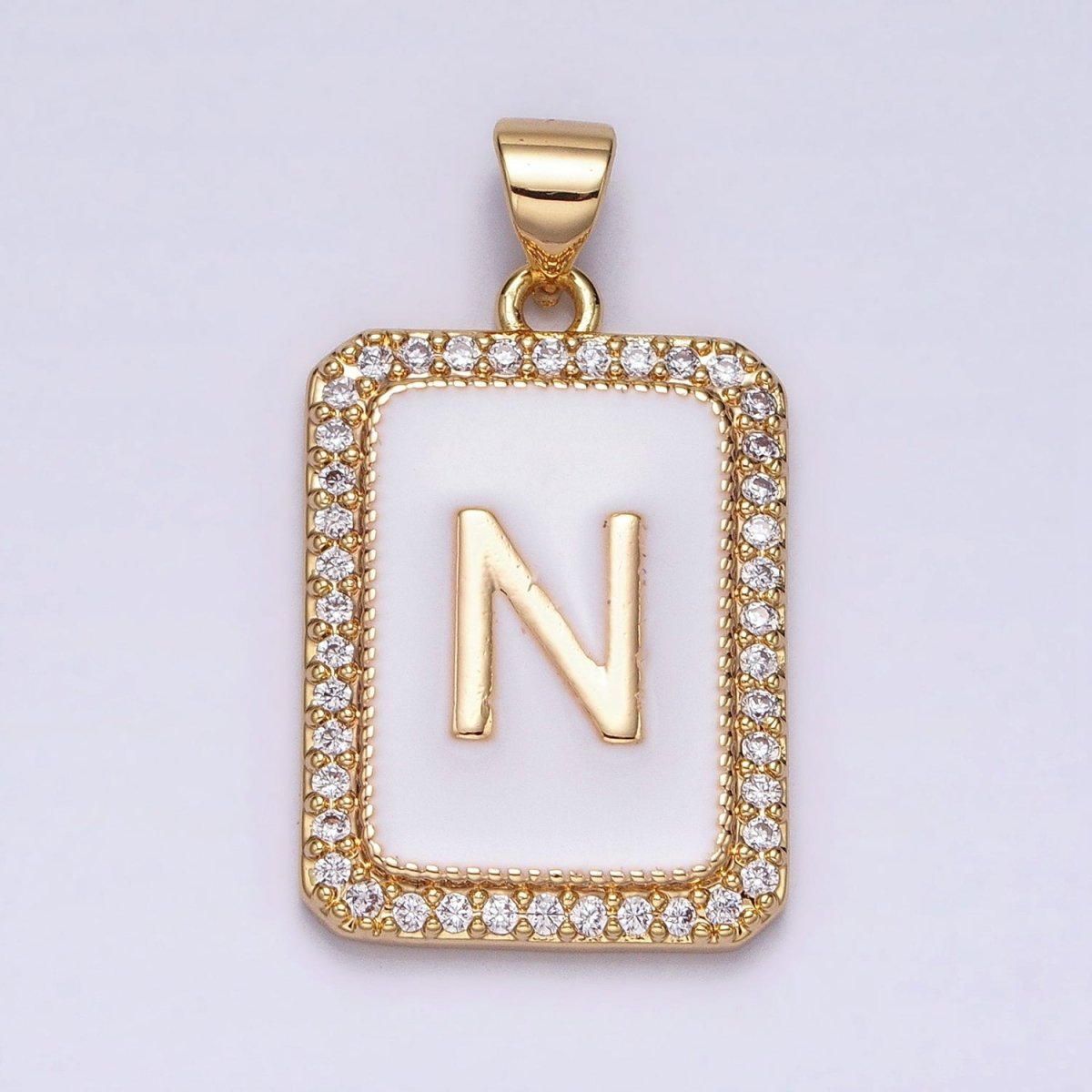 16K Gold Filled Initial Letter A-Z White Enamel Micro Paved CZ Personalized Tag Pendant | A-482-A-494
