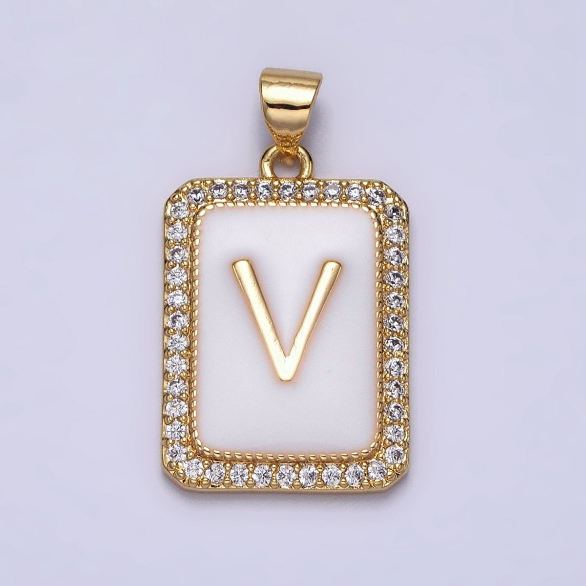 16K Gold Filled Initial Letter A-Z White Enamel Micro Paved CZ Personalized Tag Pendant | A-482-A-494
