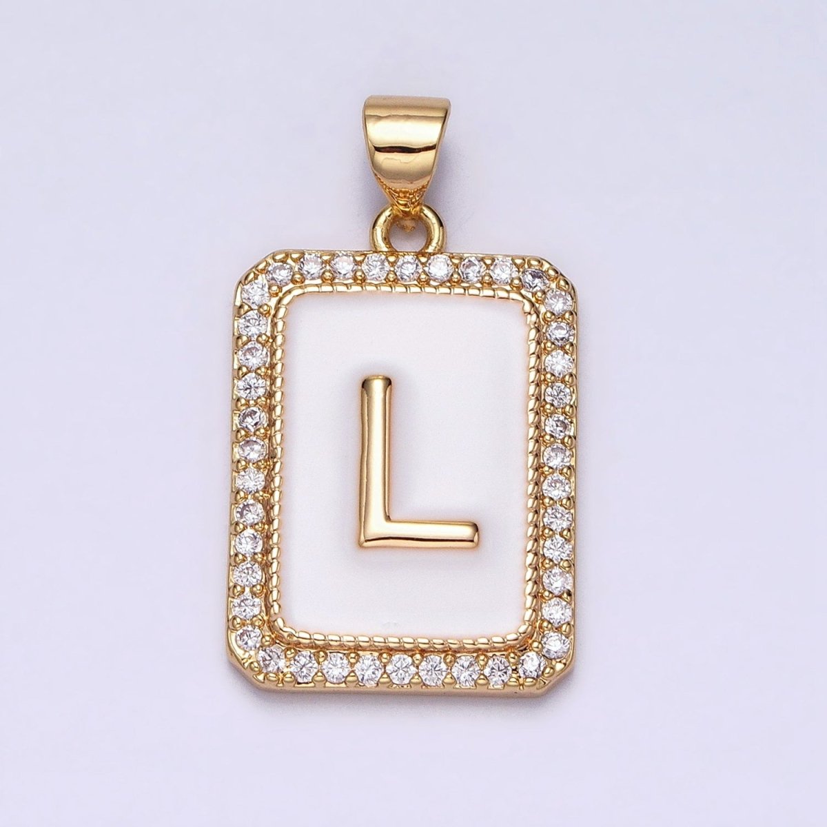 16K Gold Filled Initial Letter A-Z White Enamel Micro Paved CZ Personalized Tag Pendant | A-482-A-494