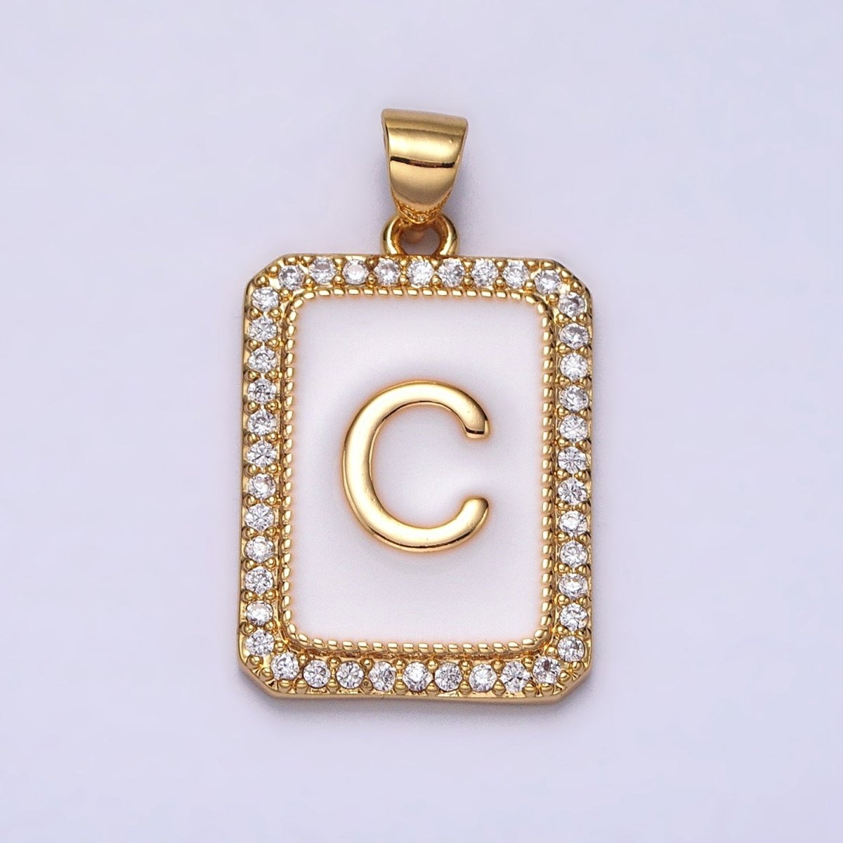 16K Gold Filled Initial Letter A-Z White Enamel Micro Paved CZ Personalized Tag Pendant | A-482-A-494