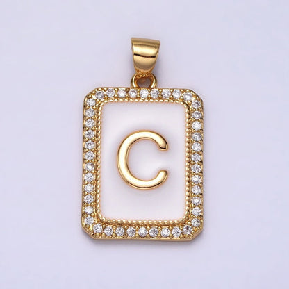 16K Gold Filled Initial Letter A-Z White Enamel Micro Paved CZ Personalized Tag Pendant | A-482-A-494