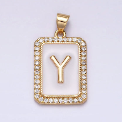 16K Gold Filled Initial Letter A-Z White Enamel Micro Paved CZ Personalized Tag Pendant | A-482-A-494