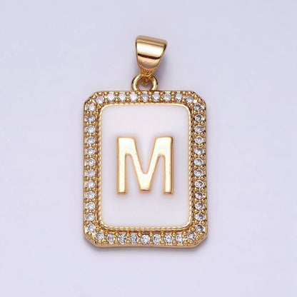 16K Gold Filled Initial Letter A-Z White Enamel Micro Paved CZ Personalized Tag Pendant | A-482-A-494